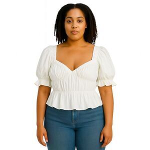 NEW Reformation X-Large White Cotton Blouse Sweetheart Neck Peplum Shirred